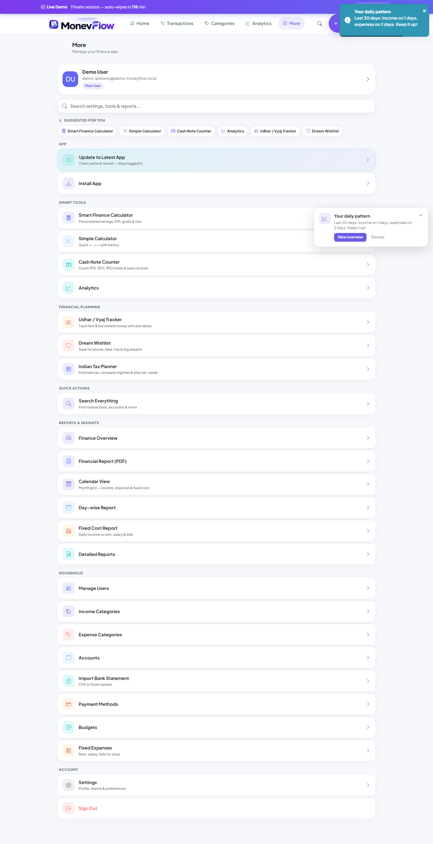 More Menu & Reports